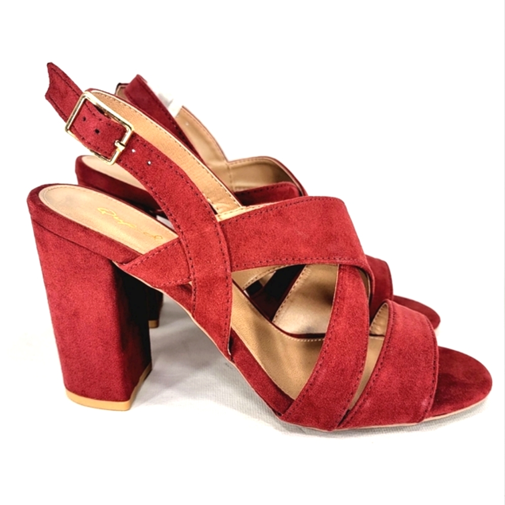 Qupid Scarlett Alona Red Suede, Strappy, Block Heel, Sandal. Women's Size 9M